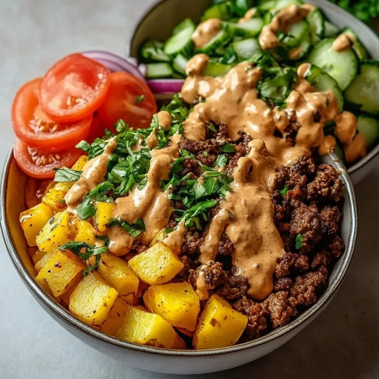 Savory burger bowls topped with fresh ingredients and a tasty sauce.