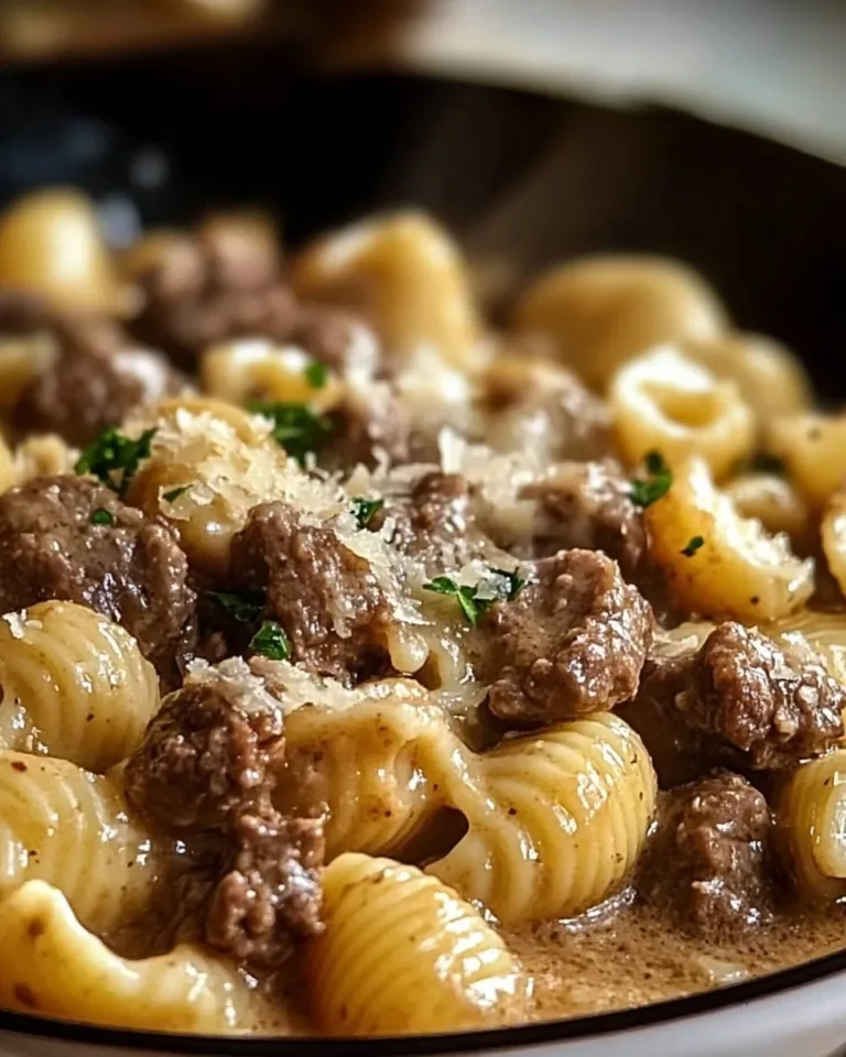 Creamy beef and shells recipe in garlic parmesan sauce served in a bowl