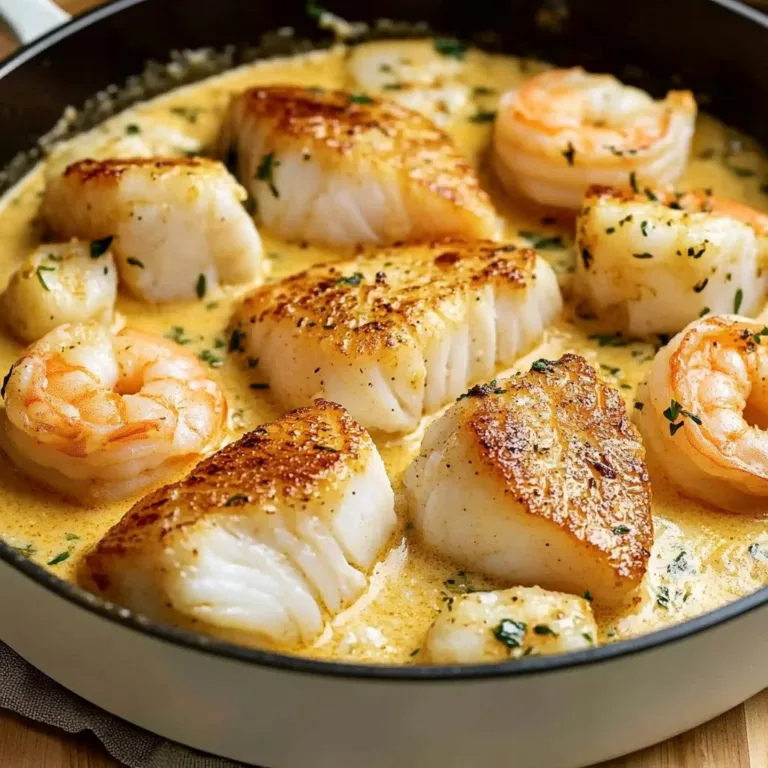 Creamy garlic butter cod and shrimp skillet dinner in a pan
