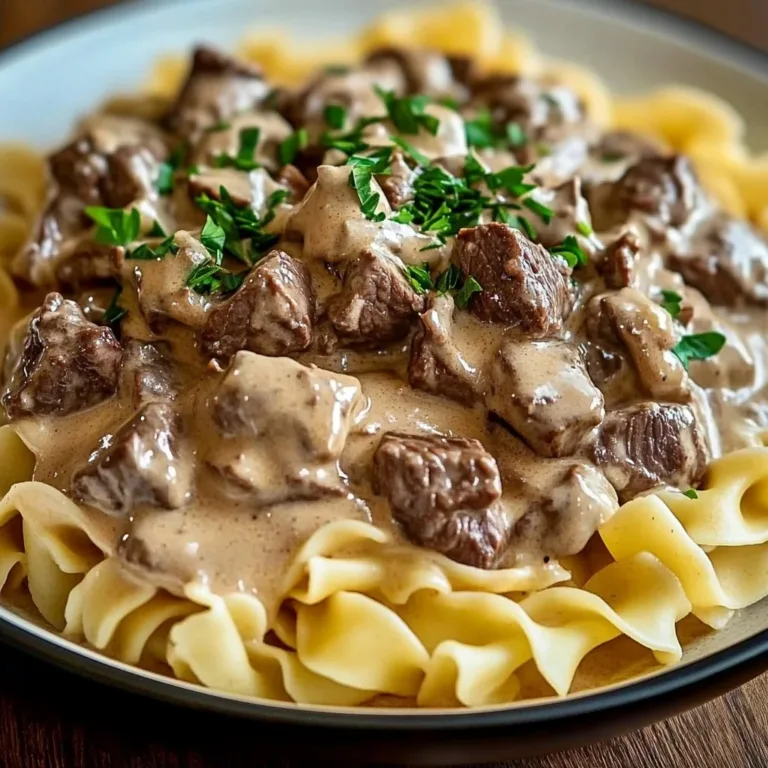 Creamy Crock Pot Beef Stroganoff served over egg noodles