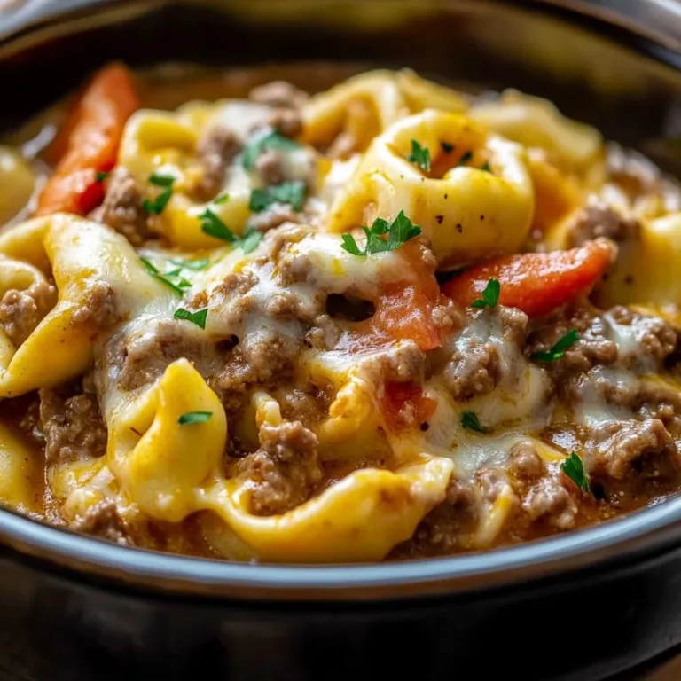 Crock Pot cheesesteak tortellini in a creamy sauce with peppers and onions