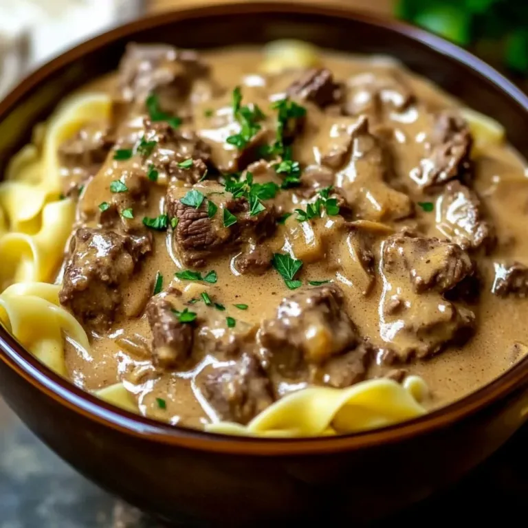 Crockpot Beef Stroganoff with tender beef and creamy sauce served over noodles
