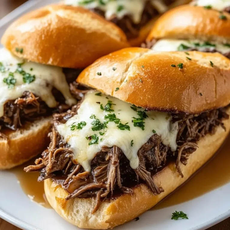 Delicious Crockpot French dip sandwiches served with au jus for dipping