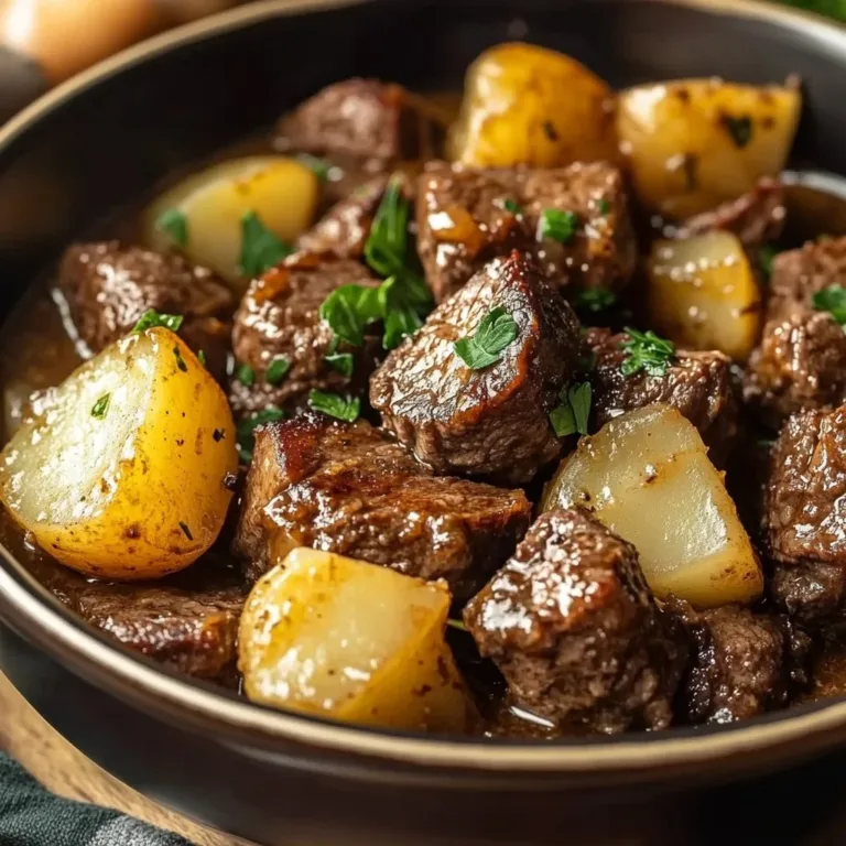 Crockpot Loaded Steak and Potato Bake served in a casserole dish