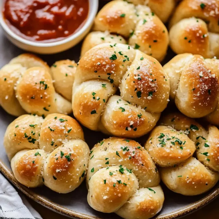 Delicious homemade garlic knots topped with parsley and garlic butter
