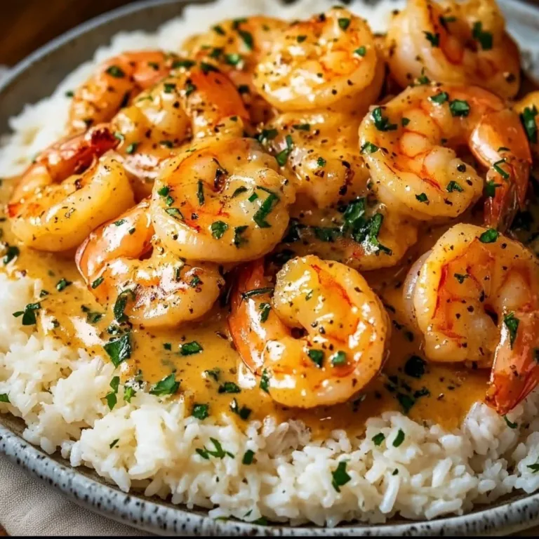 Delicious garlic butter shrimp served over fluffy rice