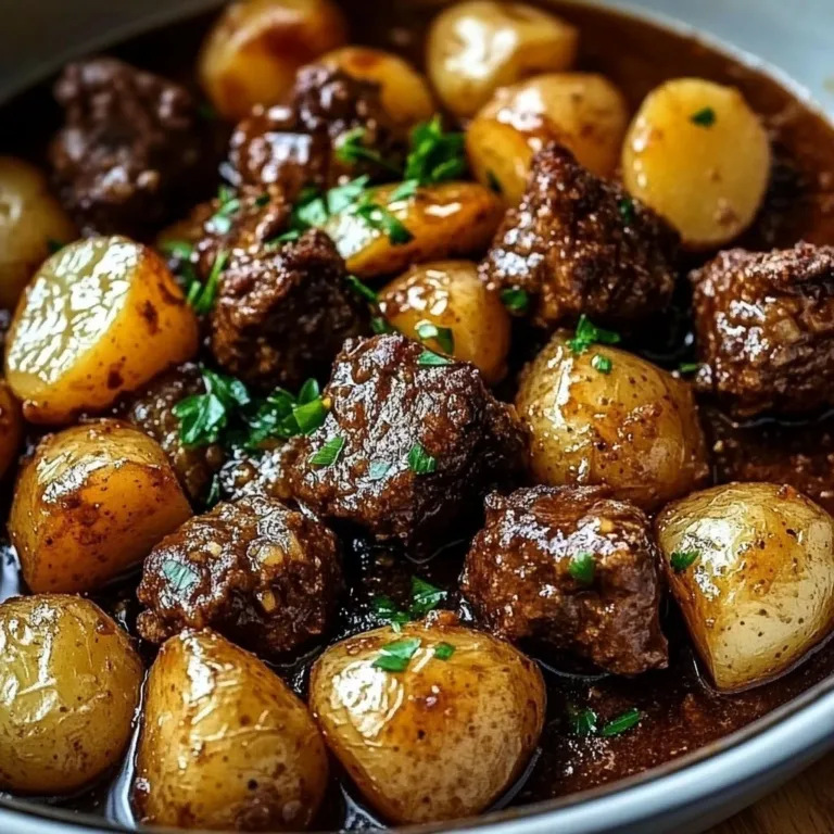 Garlic Butter Beef Bites served with Baby Potatoes on a plate