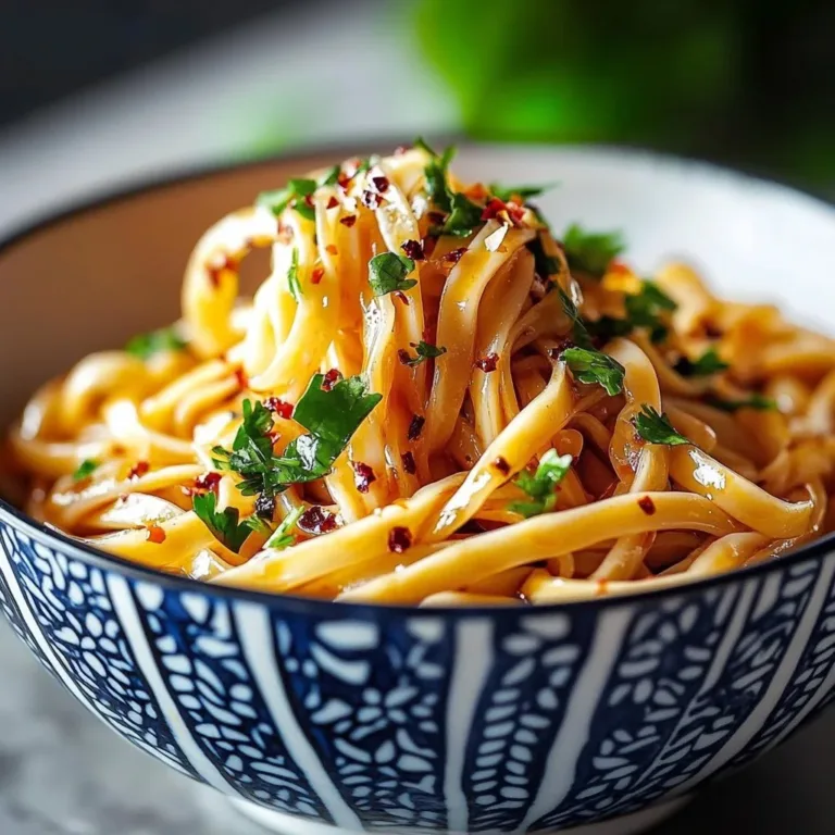 Delicious Garlic Chili Oil Noodles topped with fresh herbs and spices