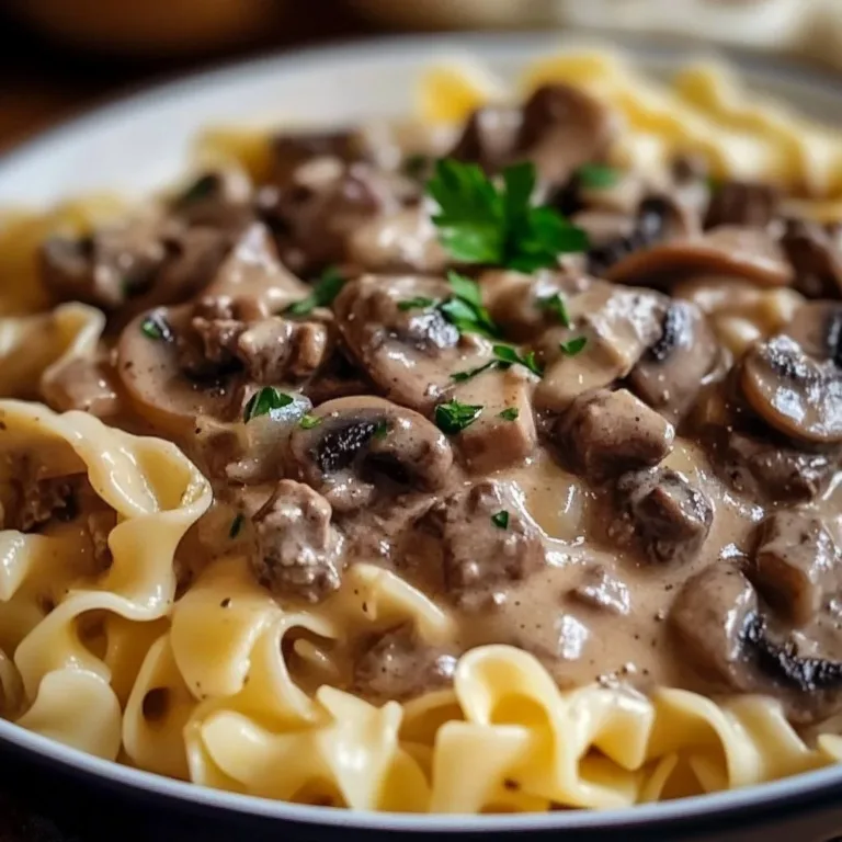 Delicious ground beef stroganoff served over egg noodles