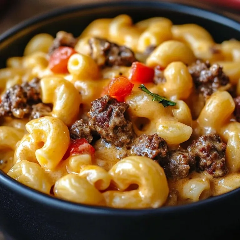 Creamy Philly cheesesteak mac and cheese topped with steak and melted cheese