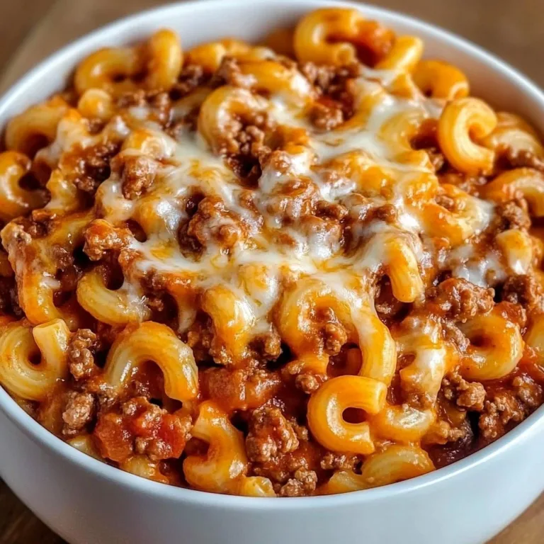 Delicious homemade Beefaroni served in a bowl with cheese and herbs