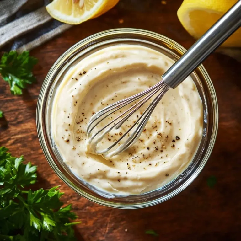 Homemade garlic aioli in a bowl with garlic cloves and herbs around it
