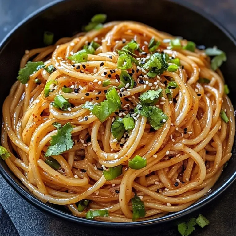 Delicious Korean style spicy garlic noodles topped with fresh herbs