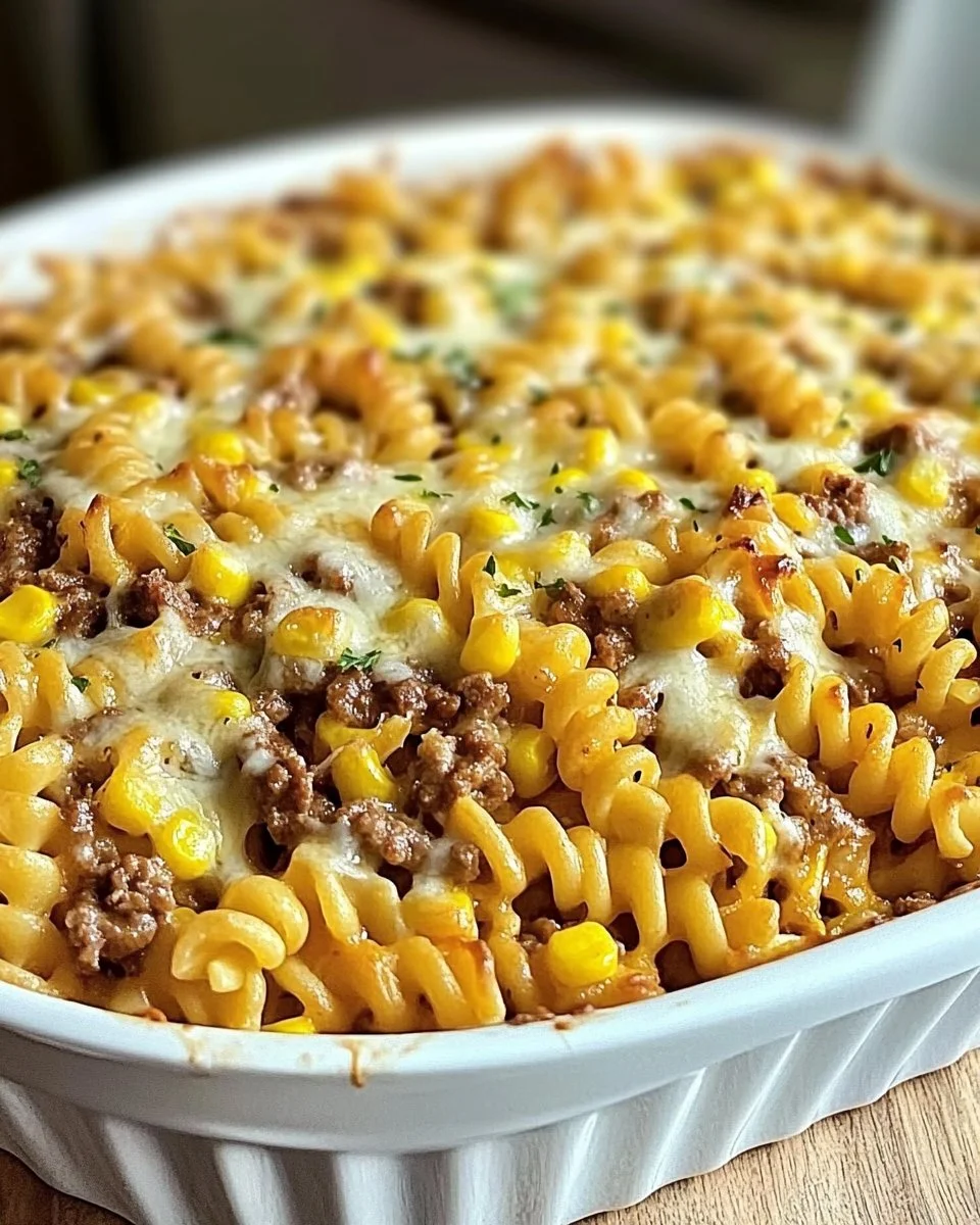 Loaded Cheddar Ranch Beef and Sweet Corn Rotini Bake