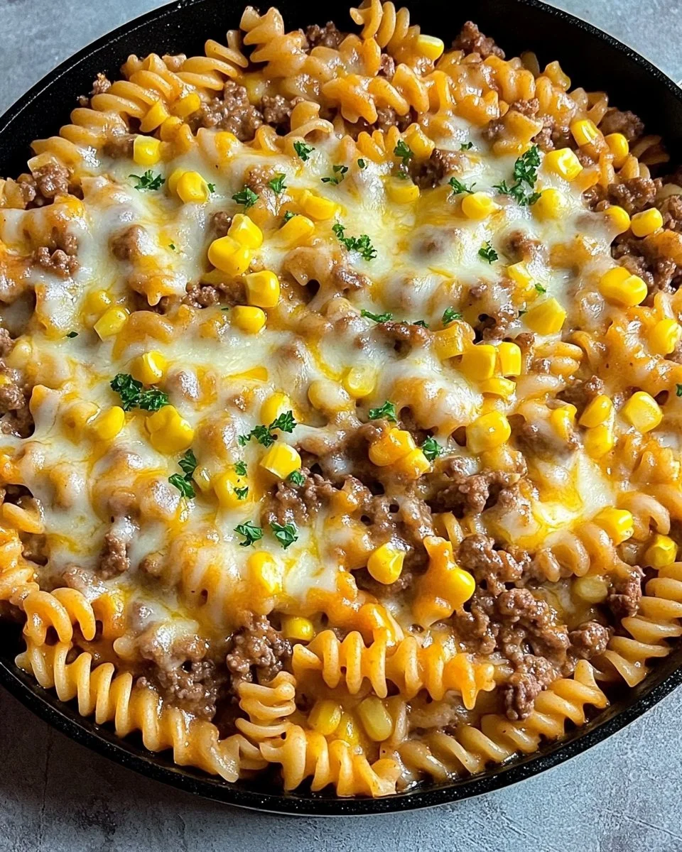 Loaded Cheddar Ranch Beef and Sweet Corn Rotini Bake