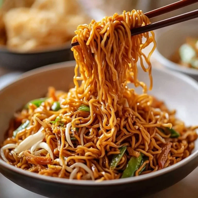 Plate of quick and easy chow mein with vegetables and sauce