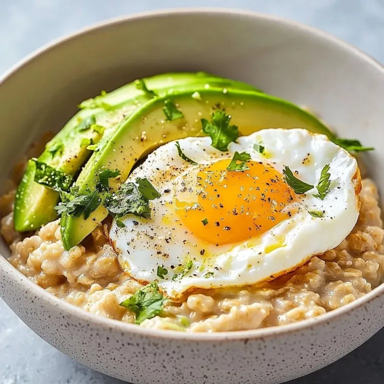 Bowl of savory avocado oatmeal topped with fresh herbs and spices