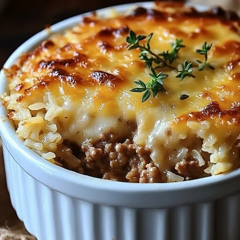 Savory French onion casserole with ground beef and rice in a baking dish