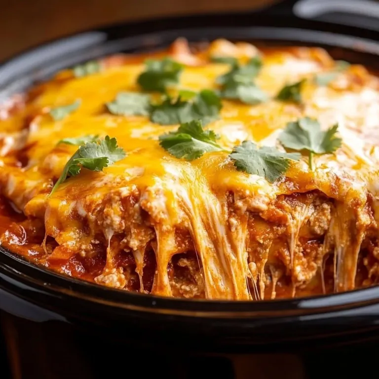 Delicious crockpot chicken enchilada casserole topped with cheese and fresh herbs