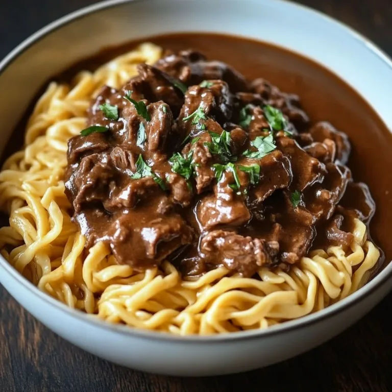 Slow cooker beef and noodles dish served in a bowl with herbs.