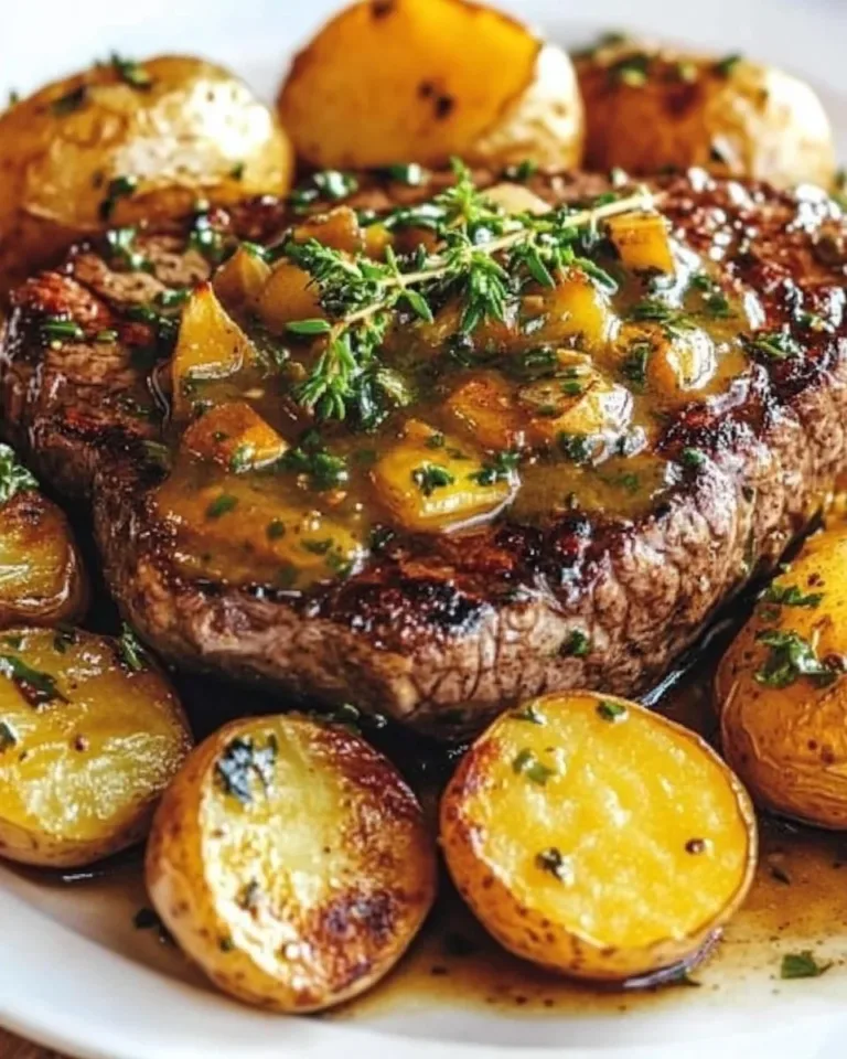 Slow cooker cowboy butter steak served with potatoes in a delicious sauce.