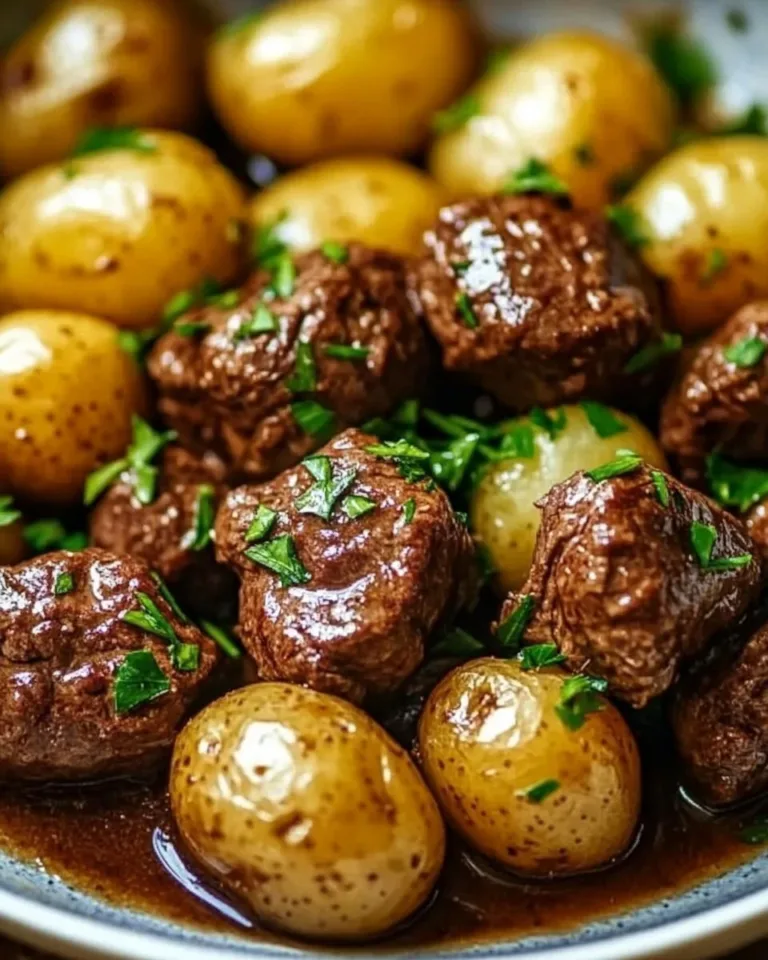 Slow Cooker Garlic Butter Beef Bites served with potatoes in a bowl