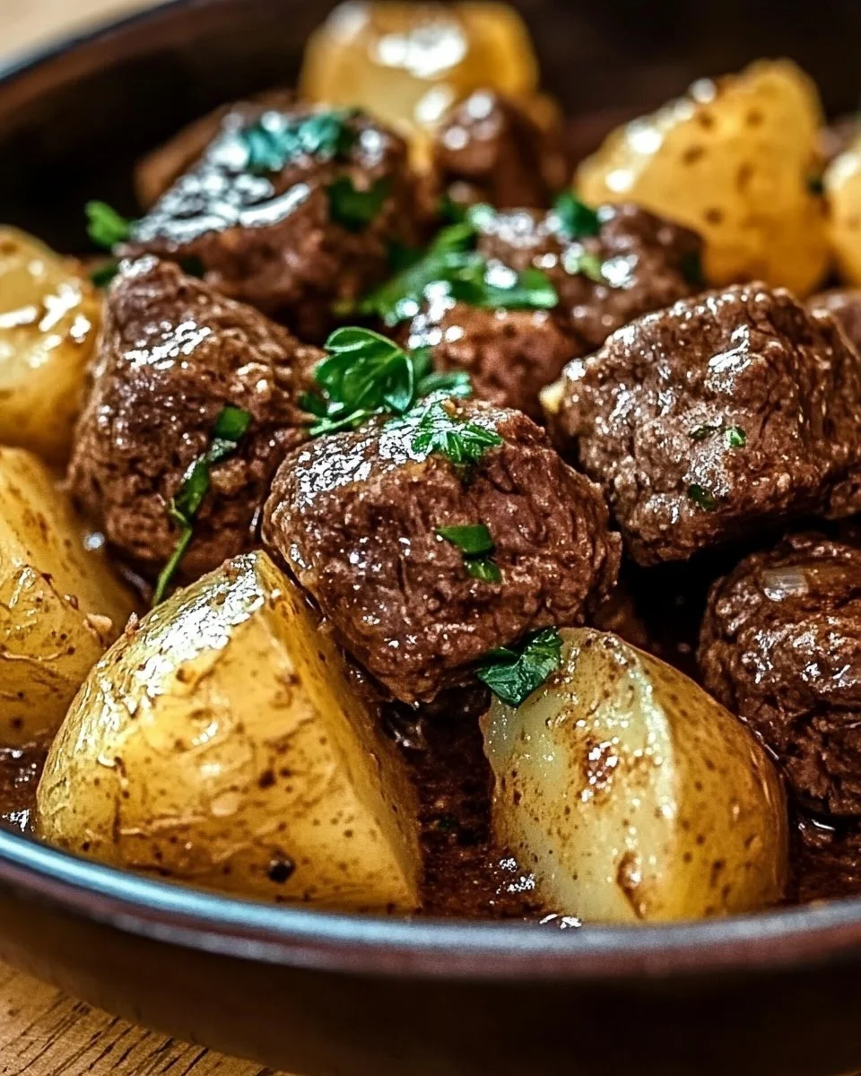 Slow Cooker Garlic Butter Beef Bites & Potatoes Recipe