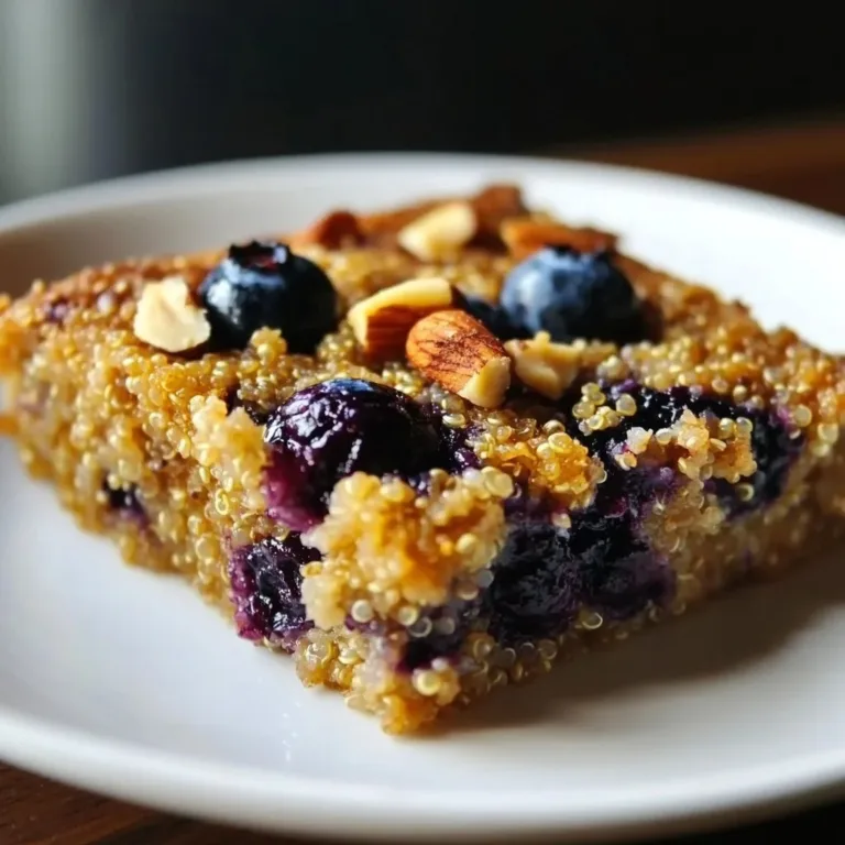 Baked blueberry quinoa breakfast bake with fresh berries on top