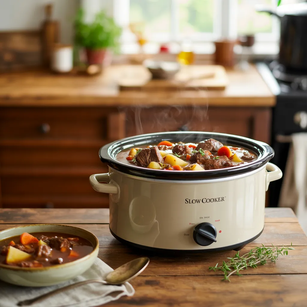 Delicious slow cooker beef stew in a bowl with vegetables and herbs - beef stew recipe crockpot