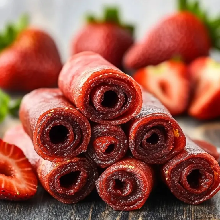 Homemade strawberry fruit roll-ups with fresh strawberries and natural ingredients