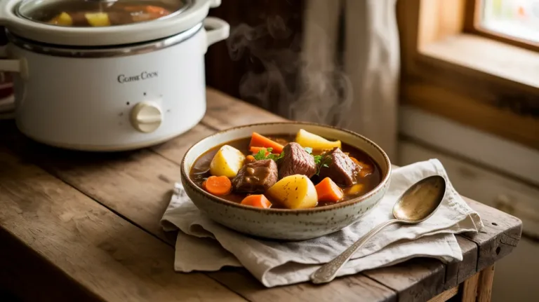 Delicious slow cooker beef stew in a bowl with vegetables and herbs - beef stew recipe crockpot
