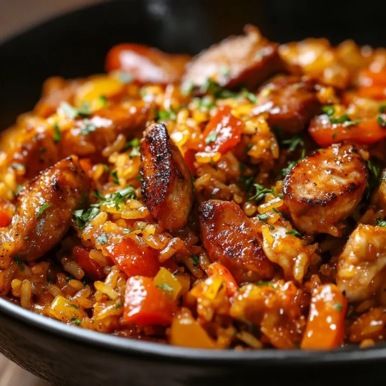 A delicious serving of Authentic Cajun Jambalaya filled with shrimp, sausage, and rice