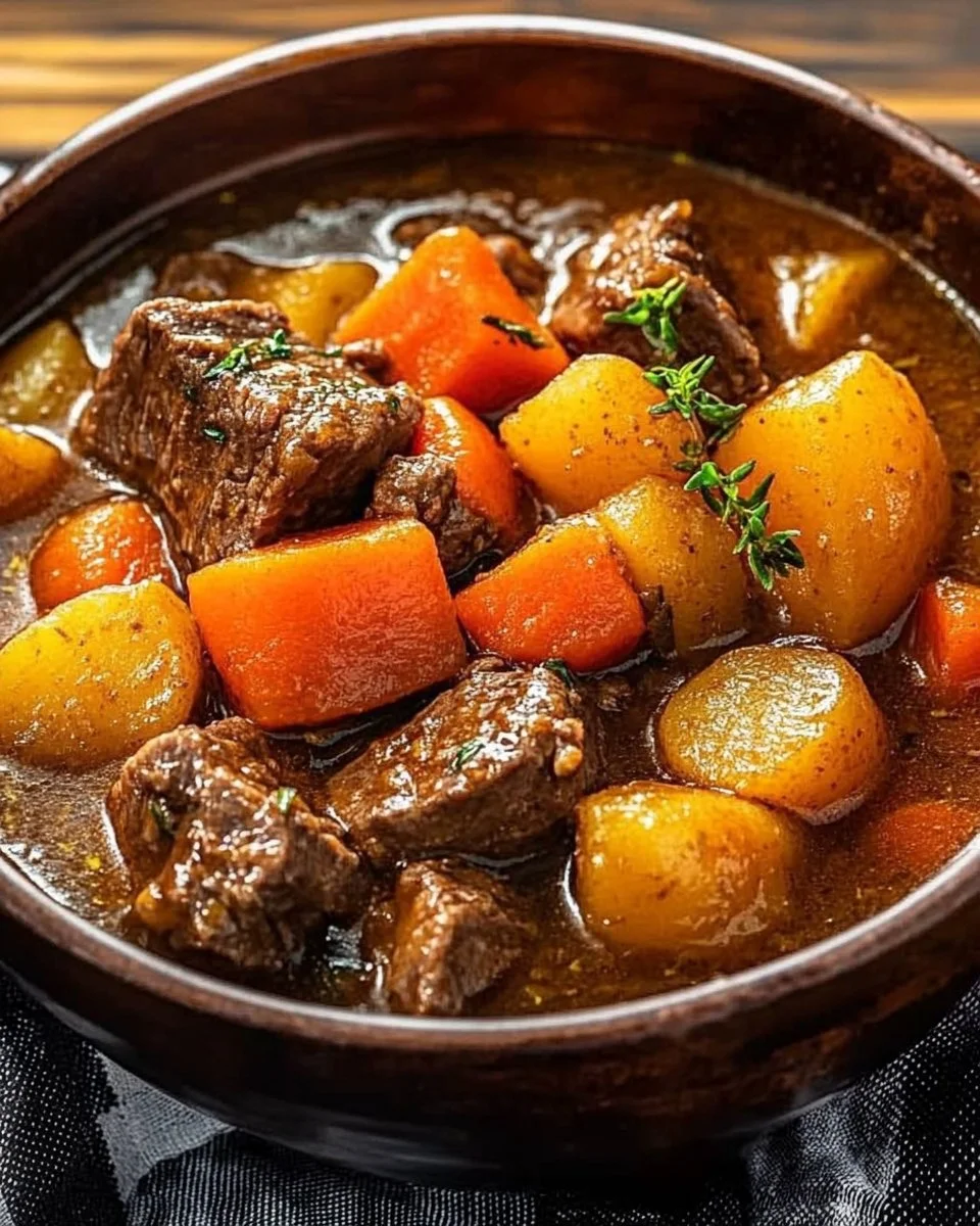 Classic Old Fashioned Beef Stew with tender beef and sweet carrots