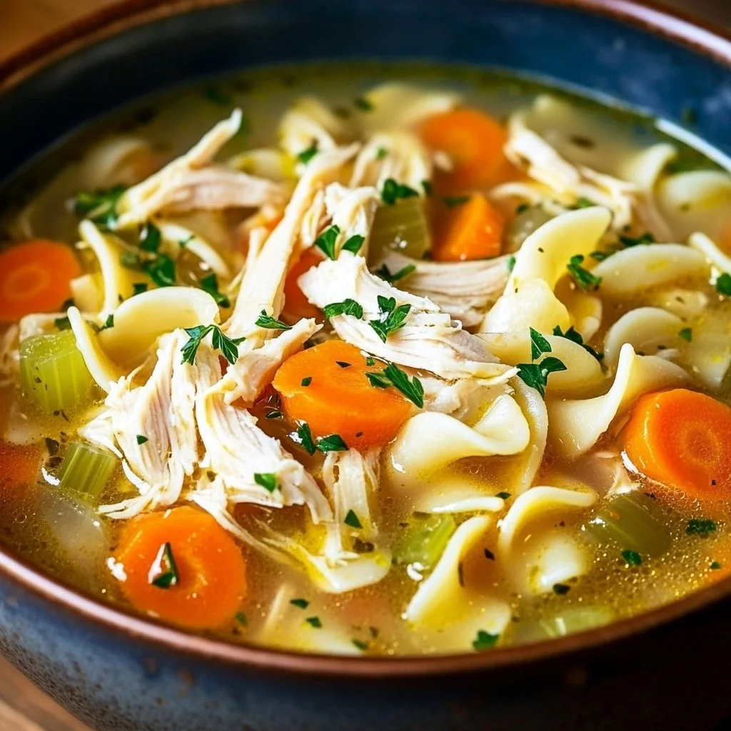 9 Irresistible Homemade Chicken Noodle Soup Crock Pot Recipes That'll Save Your Weeknight 7 Classic Chicken Noodle Soup in rustic bowl on wooden table