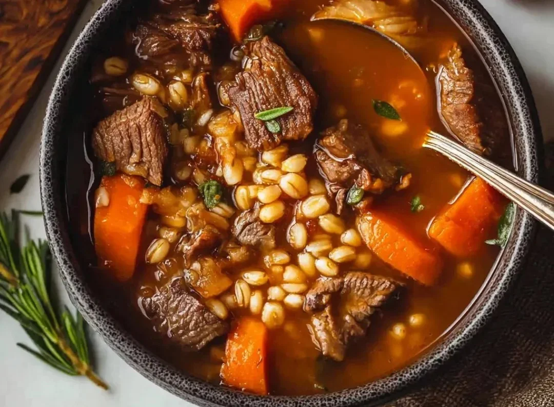 Hearty Beef and Barley Stew in rustic bowl with tender beef