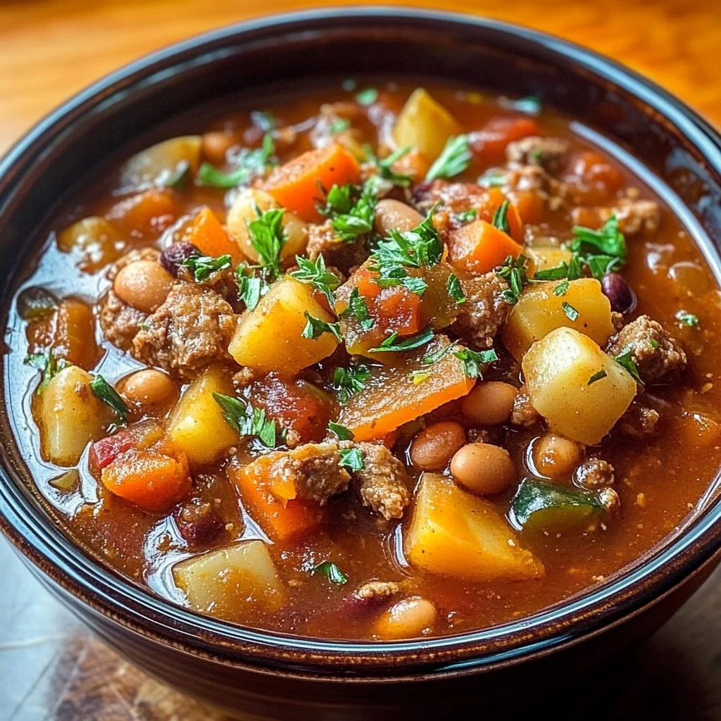 A bowl of hearty Crock Pot Shipwreck Stew served with fresh ingredients.