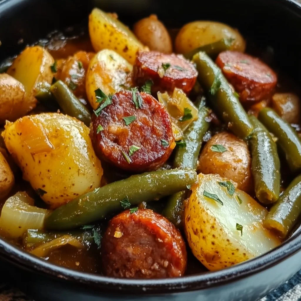 Crock Pot swamp potatoes with sausage and vegetables cooked to perfection