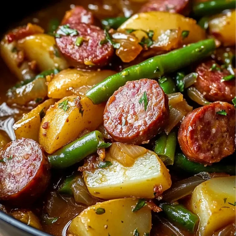 Crock Pot filled with Swamp Potatoes, Sausage, and Veggies ready to serve