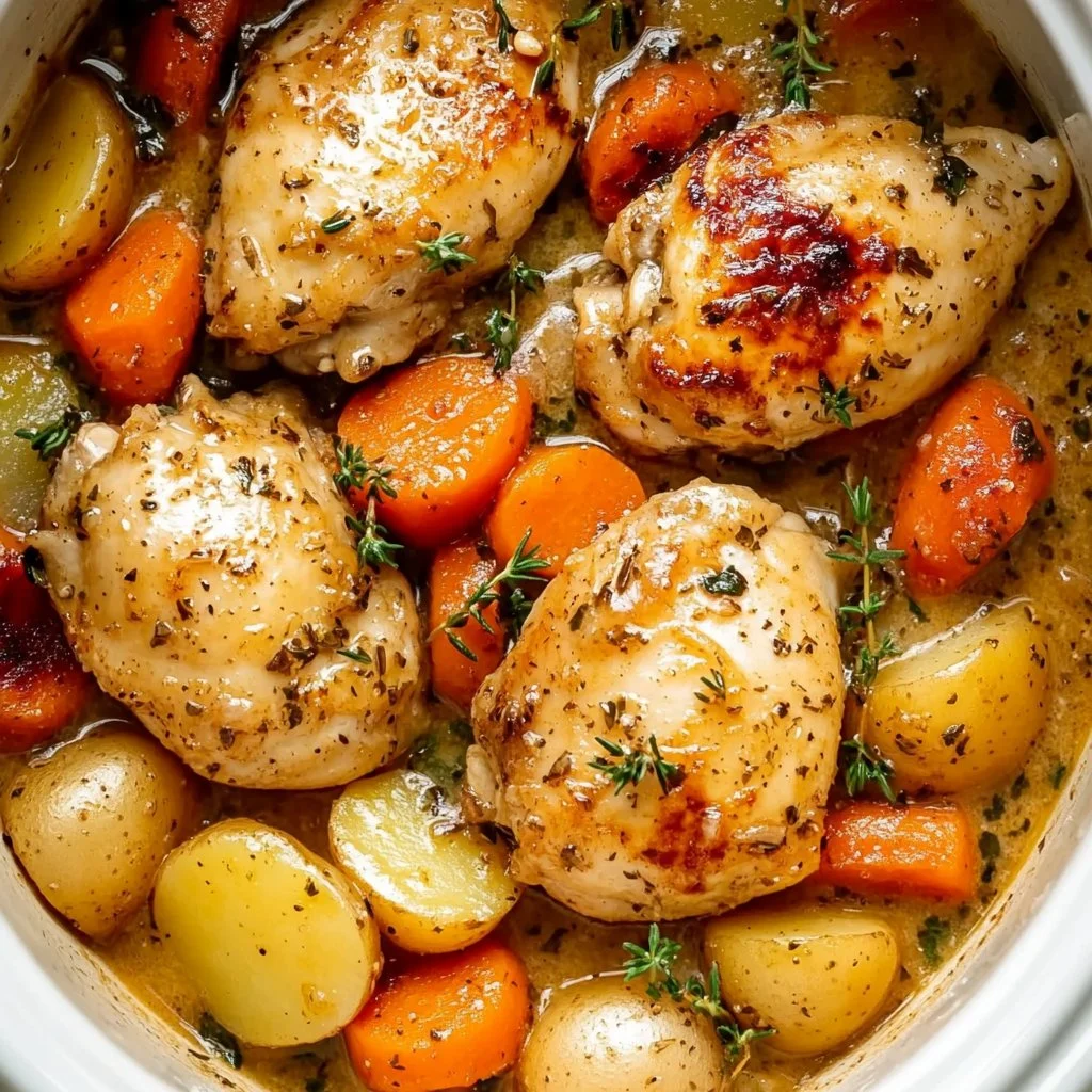 Crockpot Garlic Butter Chicken served with herbs and spices