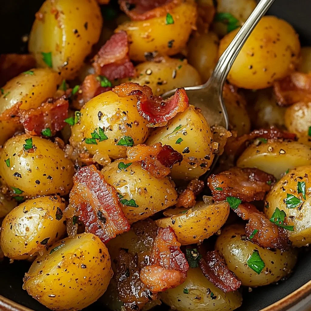 Crockpot Swamp Potatoes topped with turkey bacon, perfect for comfort food lovers.