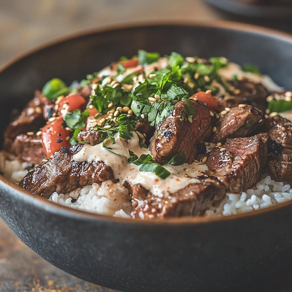 Irresistibly Easy Korean BBQ Steak Rice Bowls with Spicy Cream Sauce