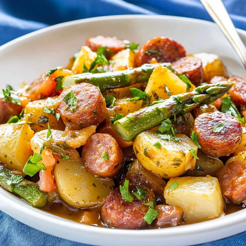 Swamp potatoes and sausage dish, featuring hearty ingredients in a rustic setting.