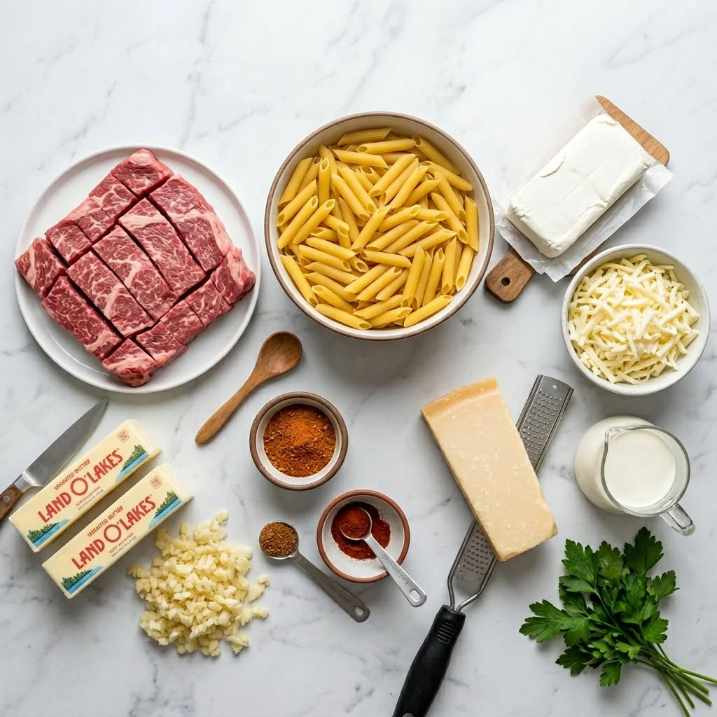Cajun Garlic Butter Steak Strips with Creamy Penne Three-Cheese Sauce
