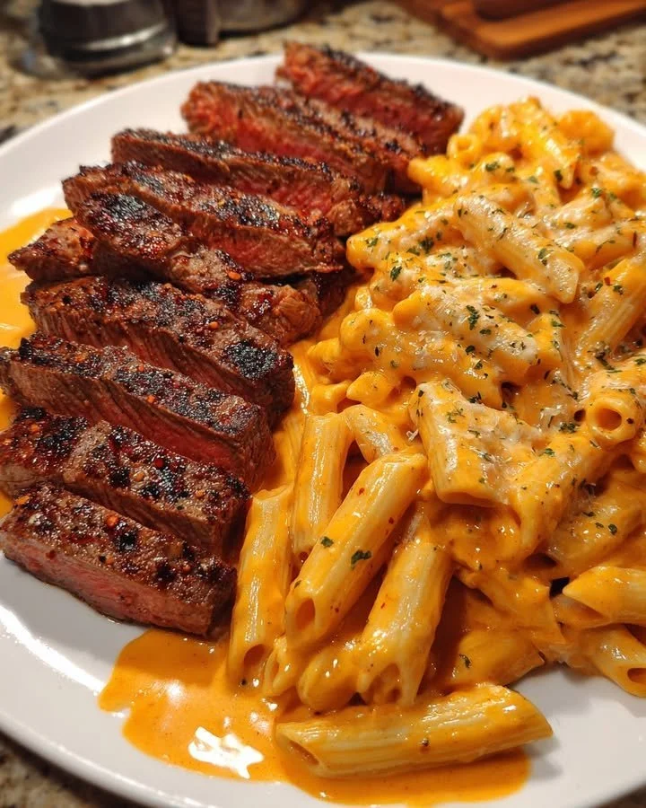 Cajun Garlic Butter Steak Strips with Creamy Penne Three-Cheese Sauce