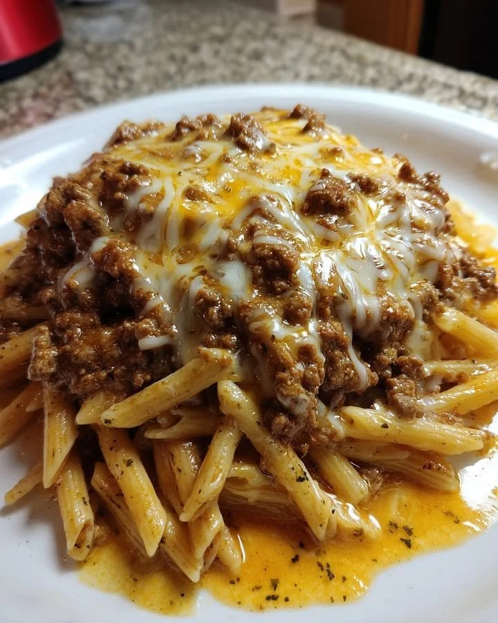 Cheesy Garlic Butter Beef Penne in Creamy Parmesan Sauce