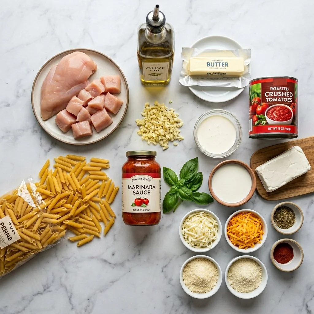 Creamy Chicken Penne in Cheesy Roasted Tomato Garlic Sauce