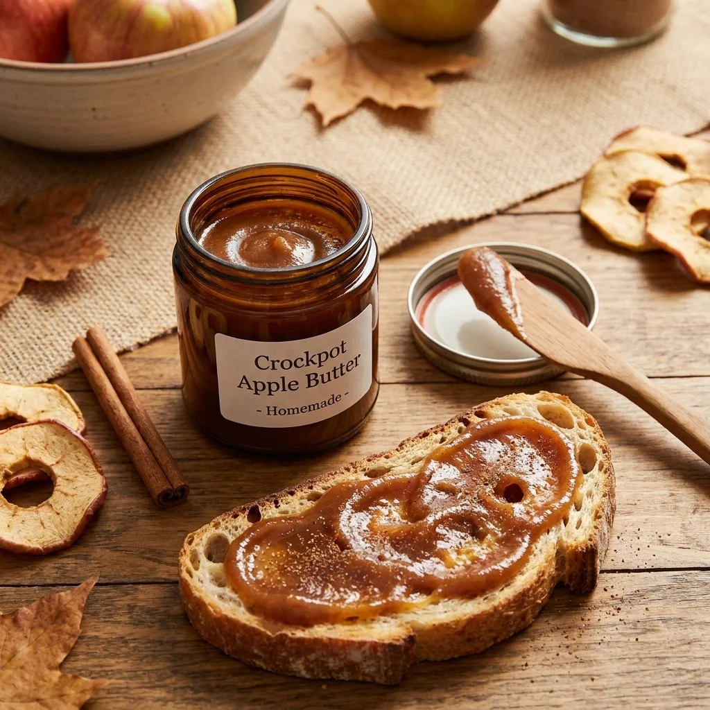 Homemade crockpot apple butter in a jar with apples on a wooden table