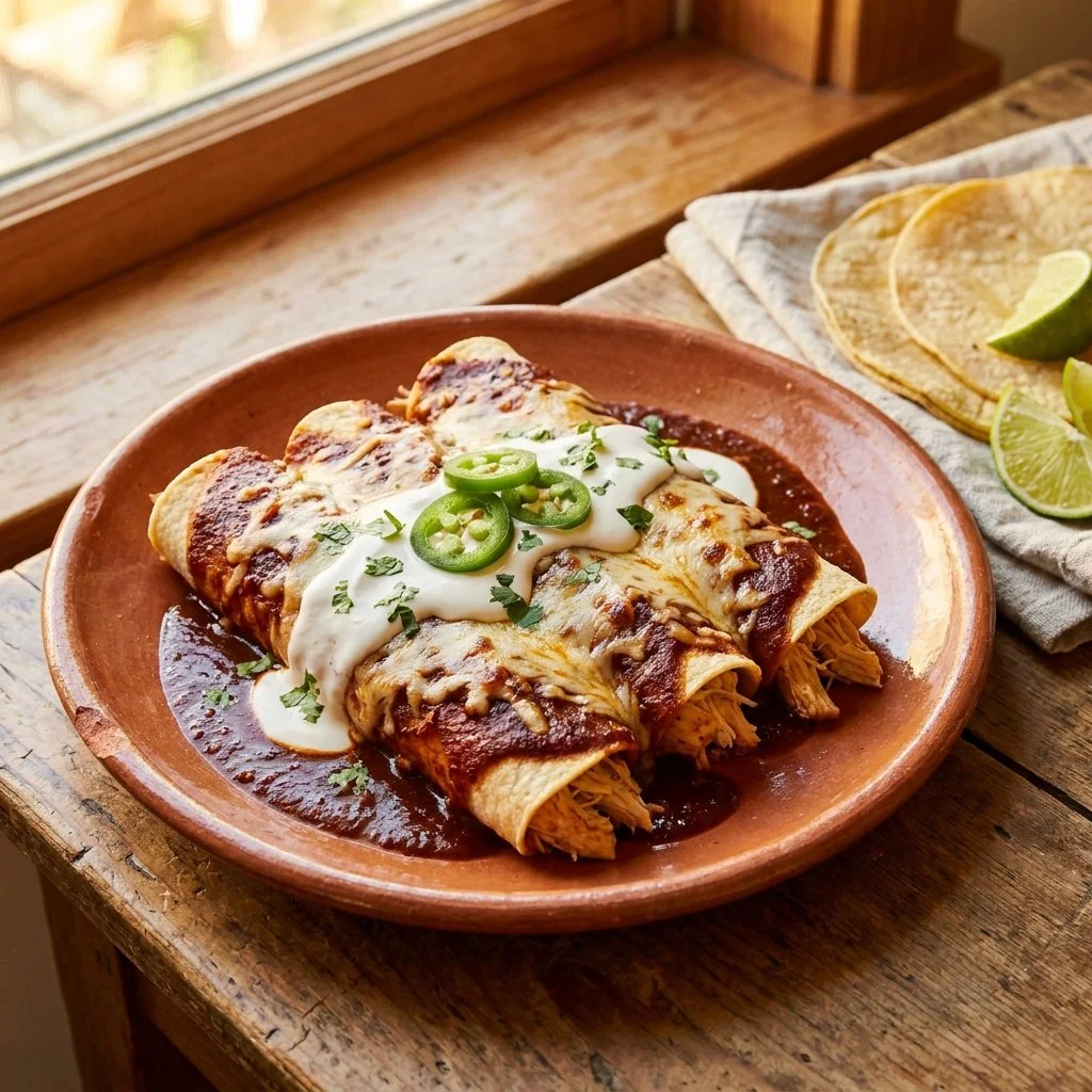 Crockpot Chicken Enchilada Filling in a bowl with toppings