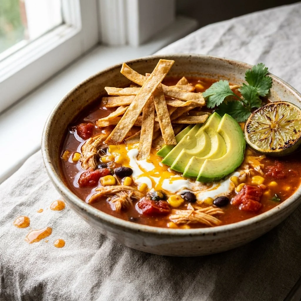 Bowl of Crockpot Chicken Tortilla Soup topped with avocado and cilantro