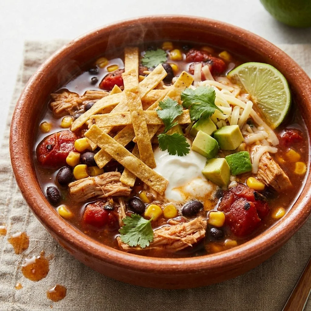Bowl of Crockpot Chicken Tortilla Soup with toppings and tortilla strips